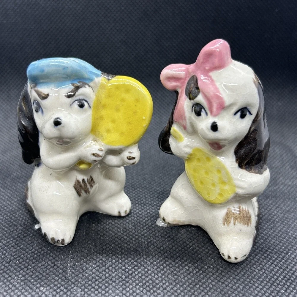 Set of Vintage Ceramic Cocker Spaniel Tennis Players Salt and Pepper Shakers
